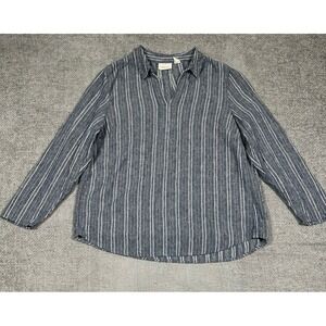 Chicos Top Womens 3 Linen Blend Blue Metallic Striped Beach‎ Coastal Long Sleeve